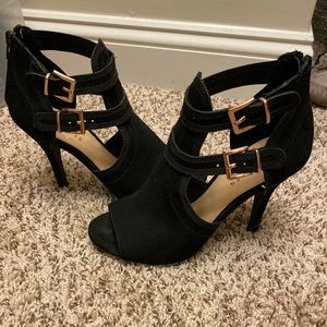 Black Suede Open Toe Heels